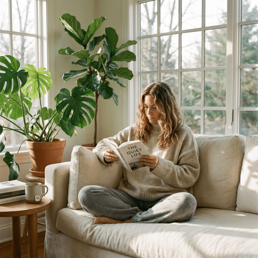 Woman reading with plants